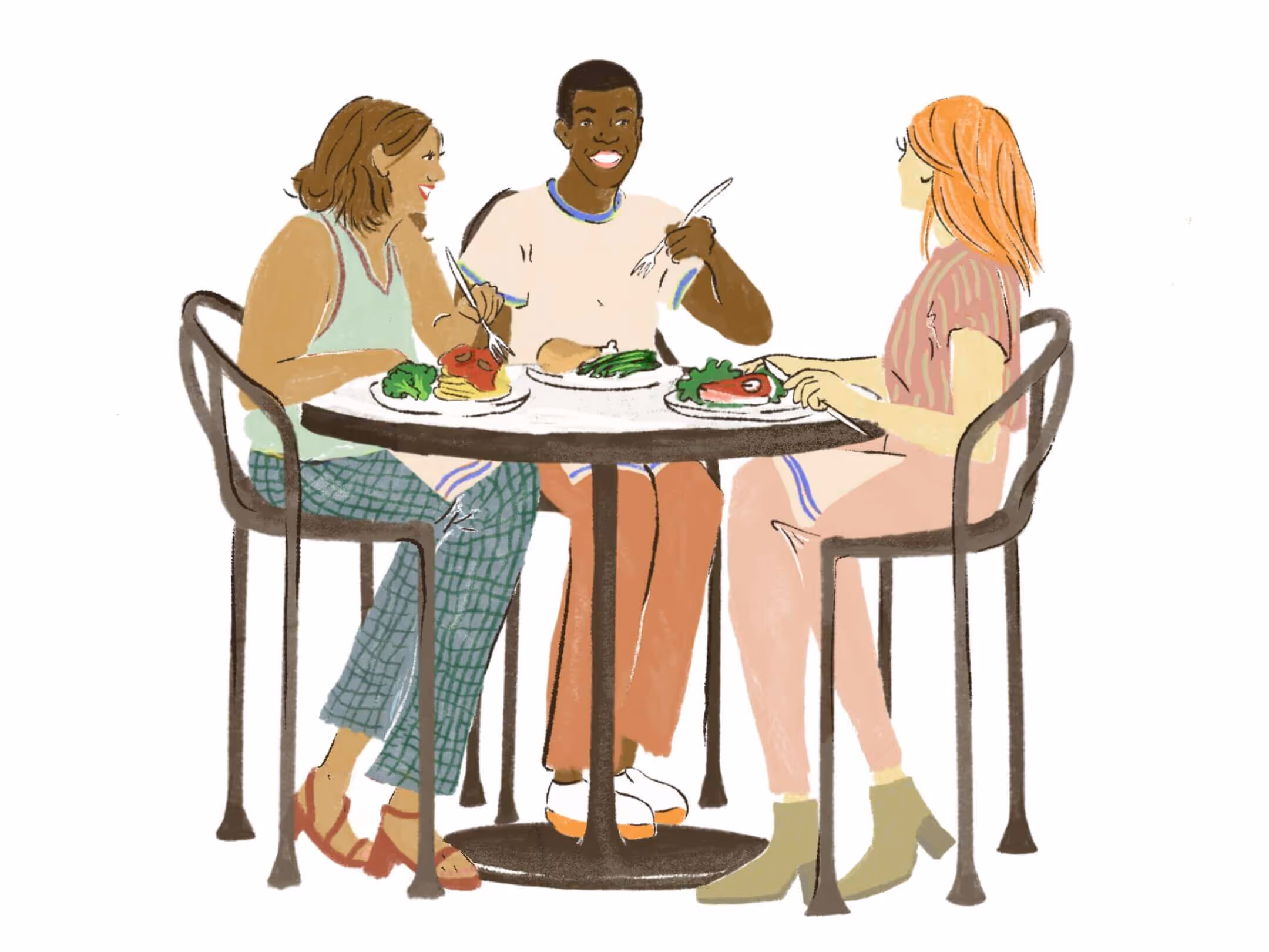 Three people sitting at a table, laughing, talking, and enjoying a meal together