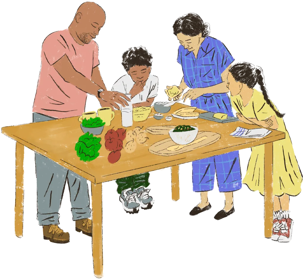 illustrated family gathered around table preparing bread, coffee, and other together