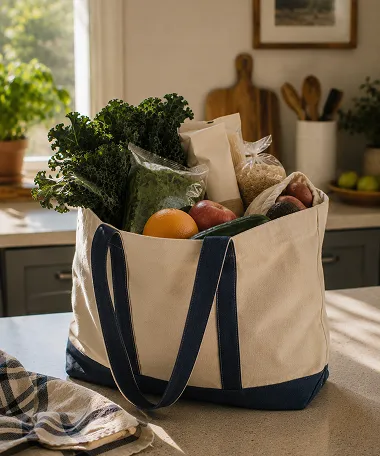 Canvas tote bag with navy straps on kitchen counter filled with fresh groceries including kale, oranges, apples, and packaged grains, with kitchen utensils and window in the background.