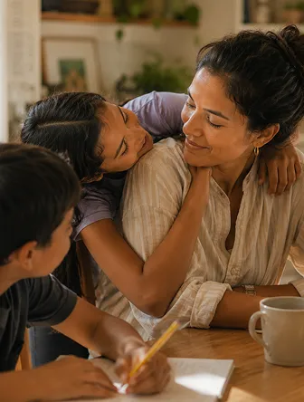 A mother smiling warmly at her daughter who hugs her from behind, while a boy writes with a pencil at a table in a cozy kitchen setting.