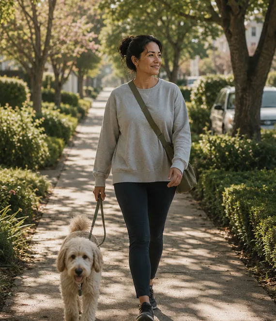 A woman smiling and walking a light-colored dog on a leash along a tree-lined sidewalk in a sunny neighborhood.