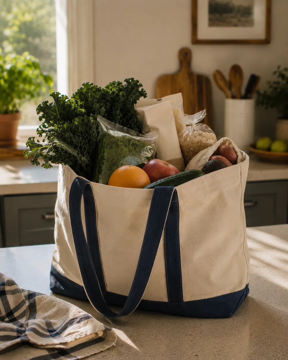 Canvas tote bag with dark blue handles filled with fresh groceries including kale, oranges, cucumbers, onions, grains, and sweet potatoes on a kitchen countertop.