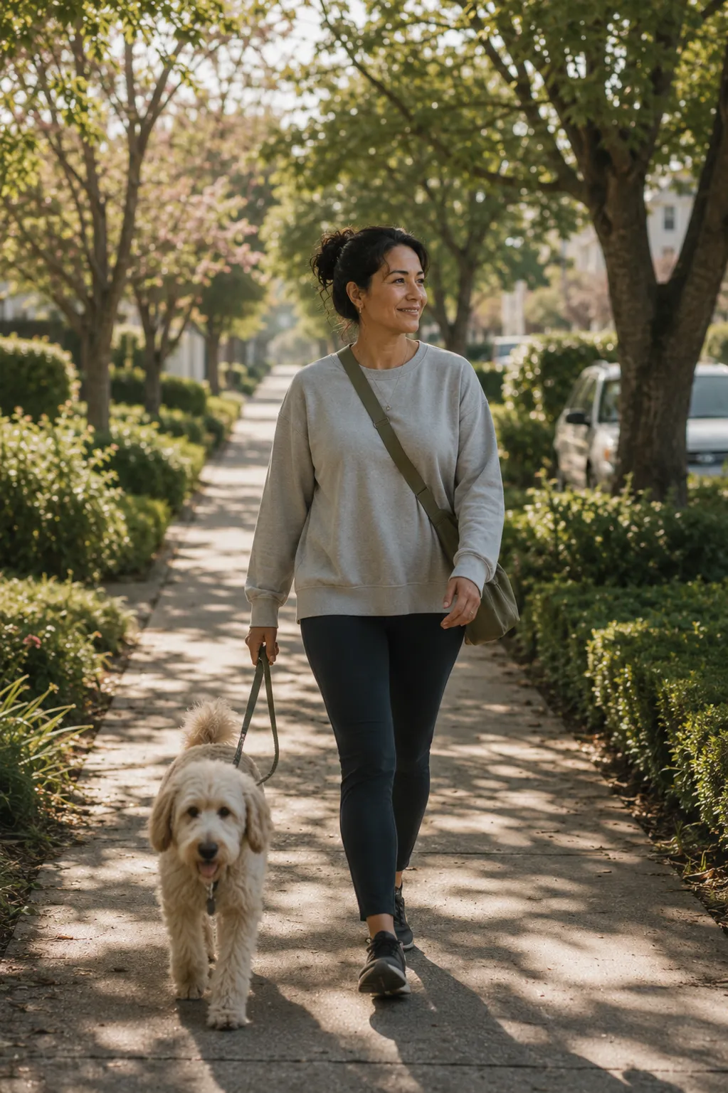 A woman smiling and walking a light-colored dog on a leash along a tree-lined sidewalk in a sunny neighborhood.