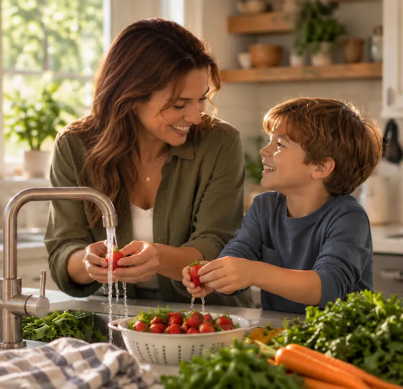 A mother and her son smiling at each other while washing strawberries at a kitchen sink, with fresh vegetables on the counter.