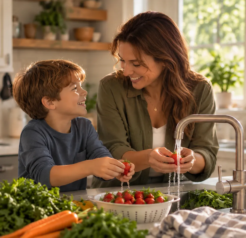A mother and her son smiling at each other while washing strawberries at a kitchen sink, with fresh vegetables on the counter.