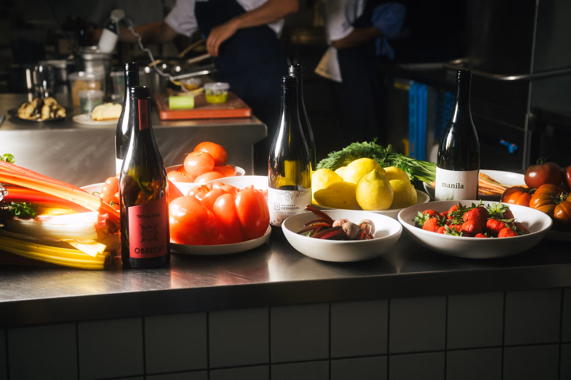 a table with food and bottles on it