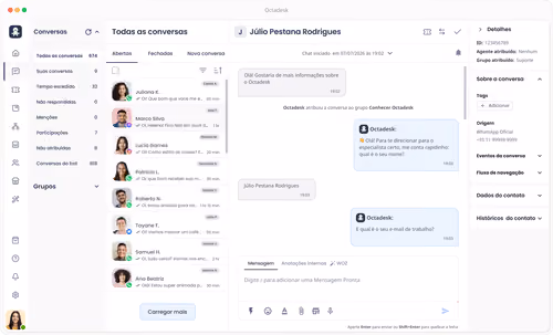 Plataforma Octadesk de atendimento omnichannel com automações e integração ao WhatsApp.