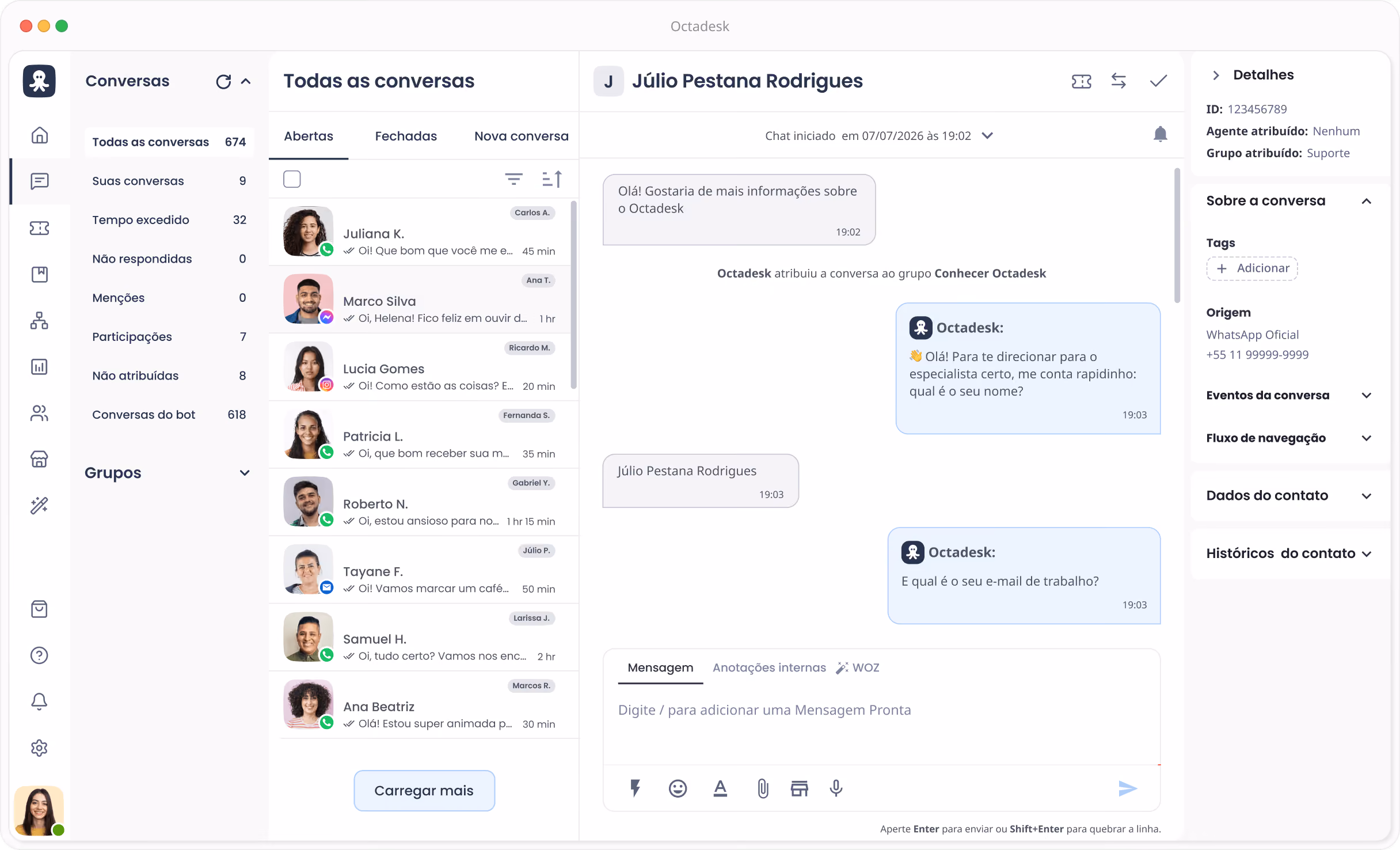 Plataforma Octadesk de atendimento omnichannel com automações e integração ao WhatsApp.