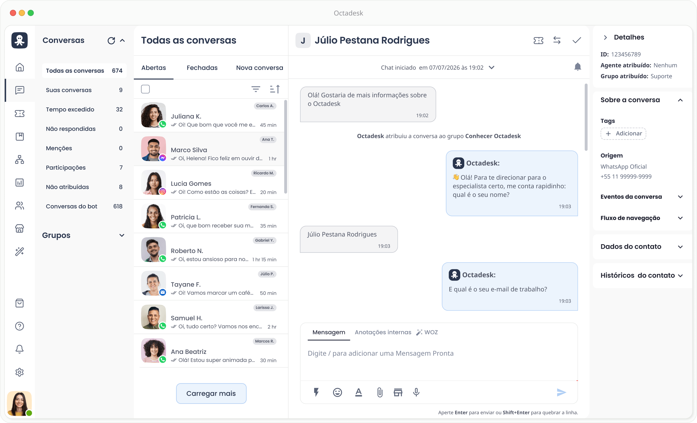 Plataforma Octadesk de atendimento omnichannel com automações e integração ao WhatsApp.