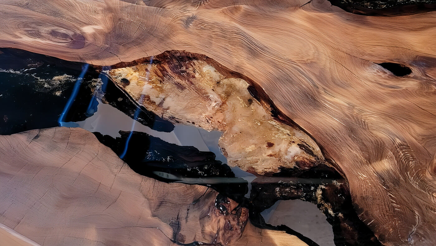 Bernstein in Epoxidharz eingewachsen in Wurzelholz einer ausgefallenen Tischplatte vom exklusiven Designer Echtholztisch