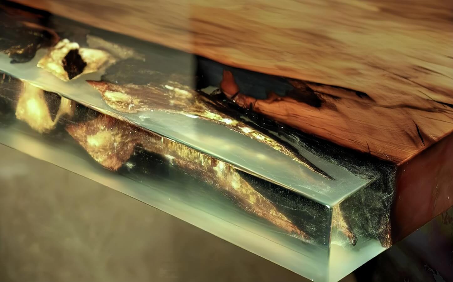 Original gold Kauri amber in epoxy resin of a special table top made of millennia-old wood of a solid unique wooden table as an investment