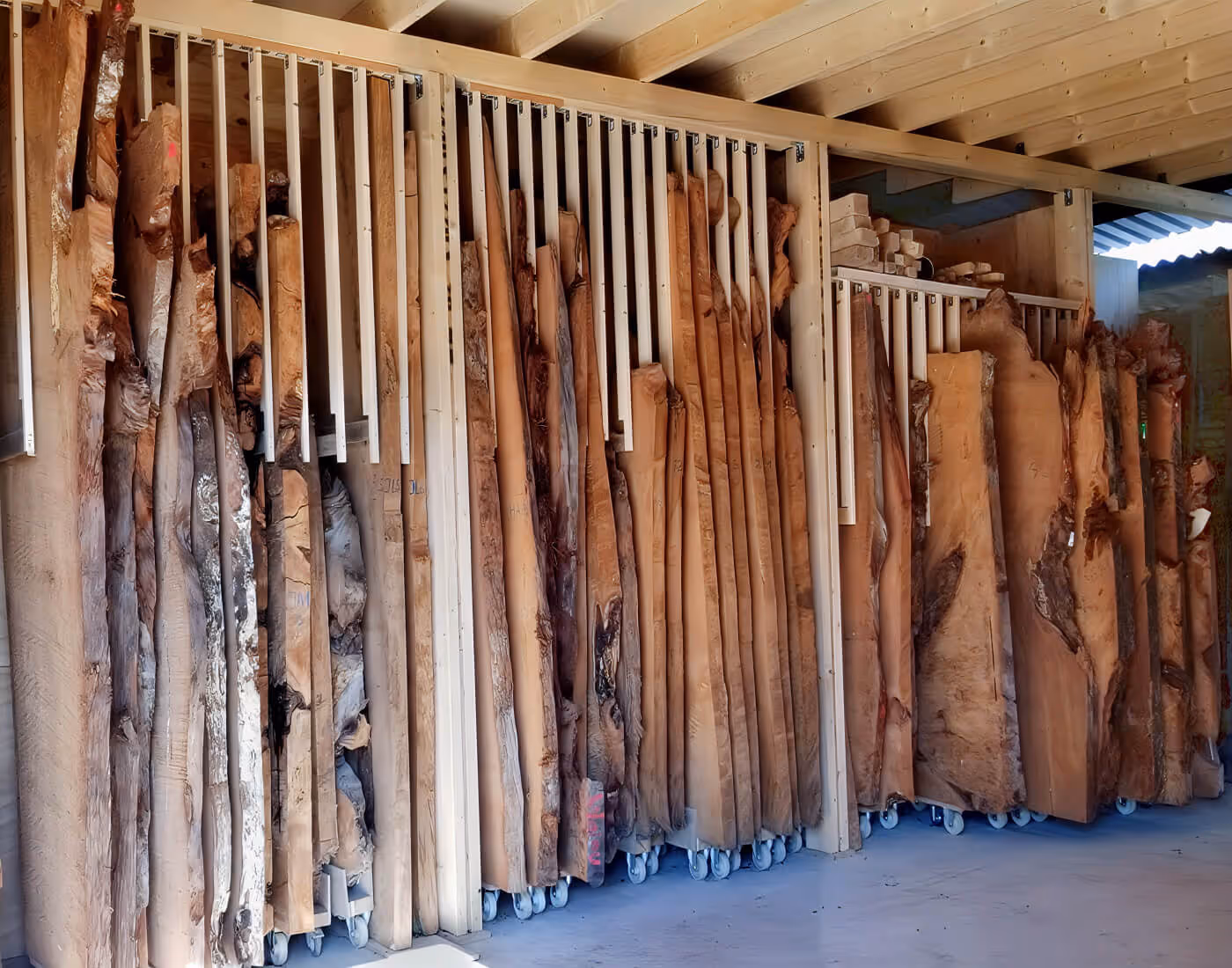 Stock of kauri tabletops for exclusive conference tables made from unique burl wood