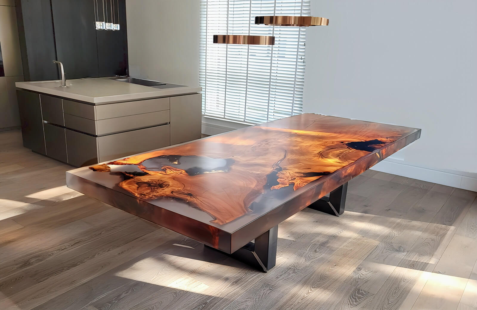 Kauri Designer Table: a work of art crafted from millennia-old wood with natural edges and amber, a one-of-a-kind piece of furniture and art
