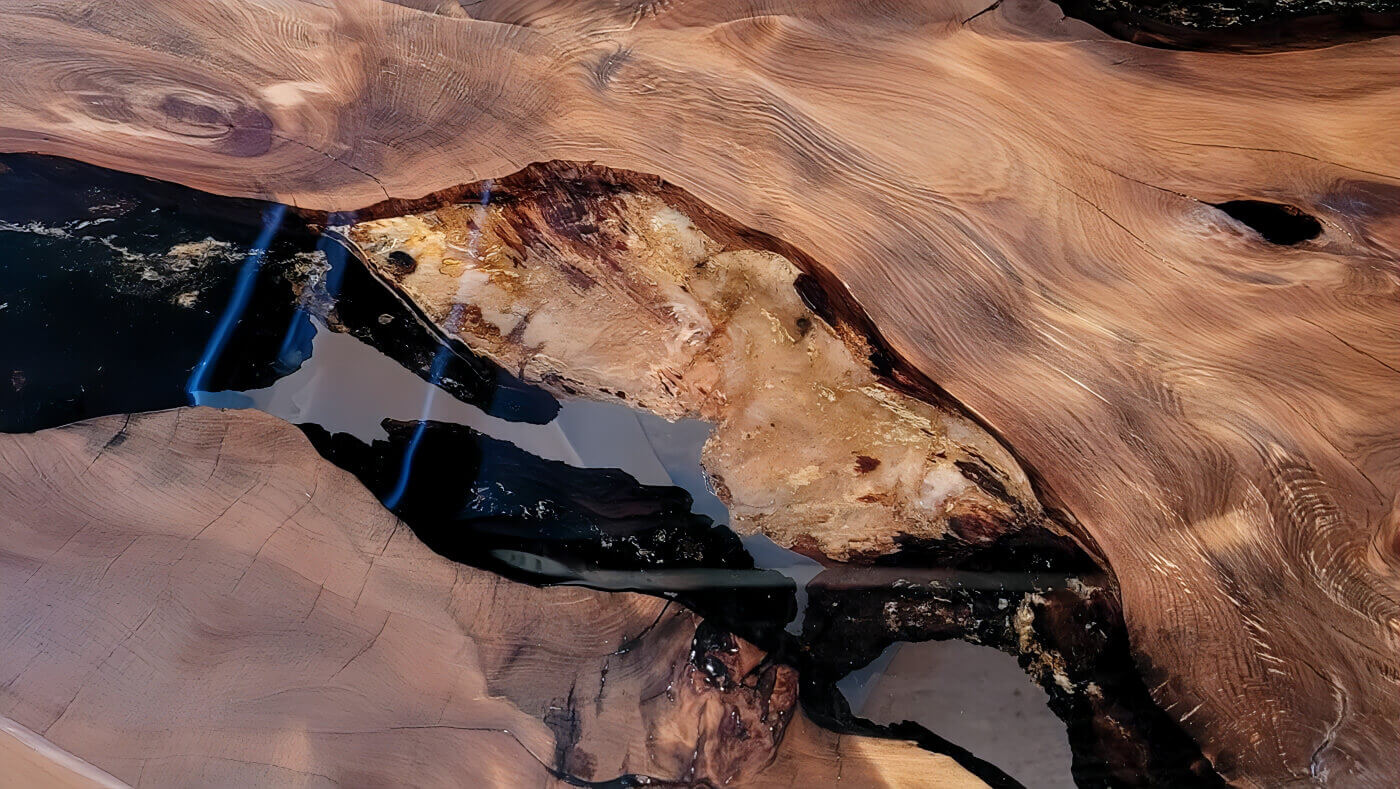 Detail of a kauri burl table featuring gold-colored amber and the natural bark texture of a unique dining table