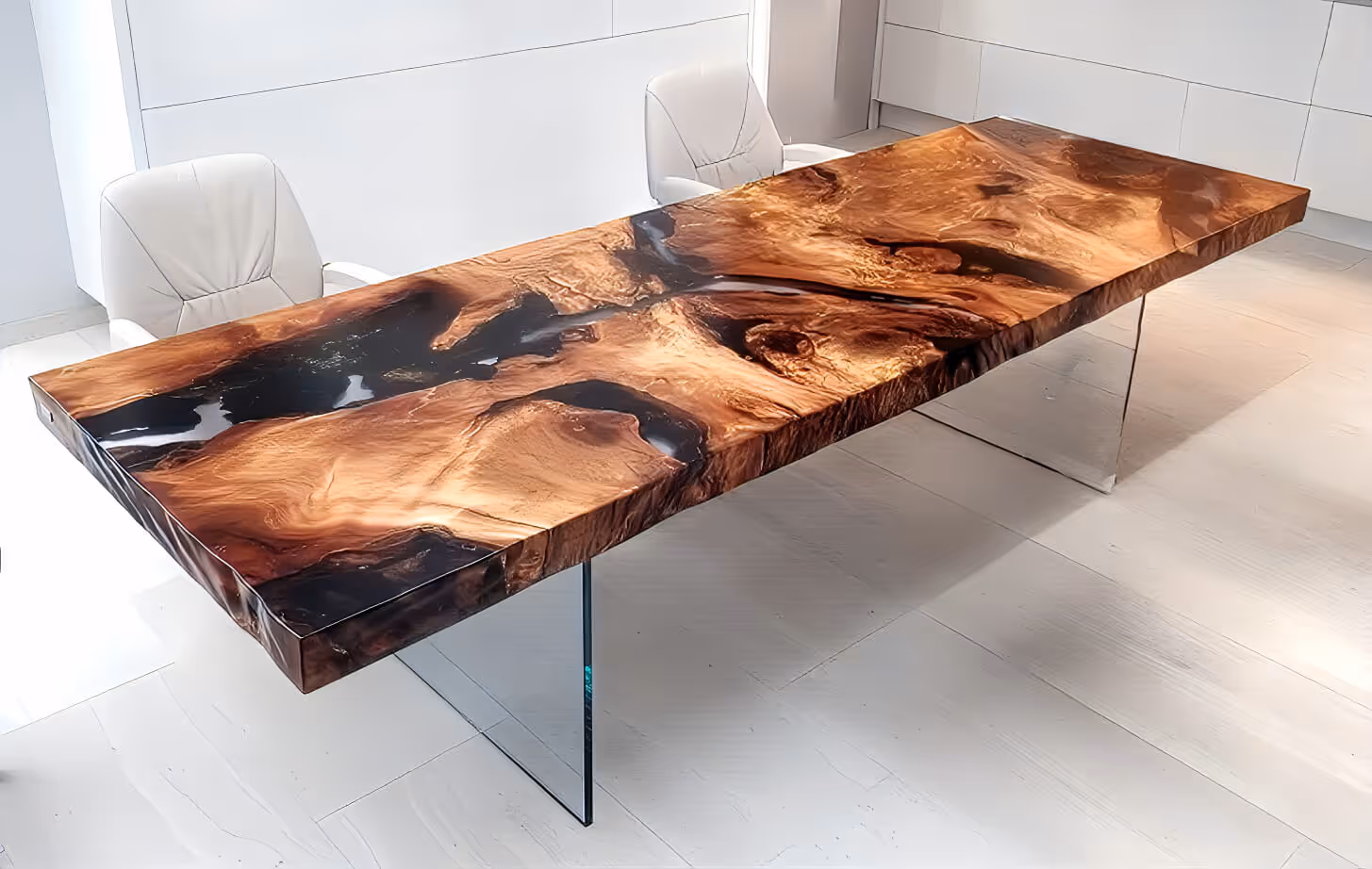A unique amber table, custom-made by a master cabinetmaker to serve as both a sturdy dining table and a striking design piece