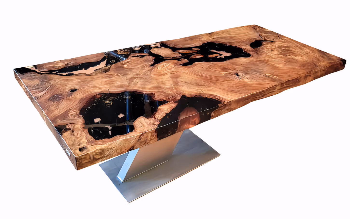 A unique table crafted from rare, aged New Zealand kauri burl wood, featuring resin, bark, and golden amber, perfect for a distinctive interior design
