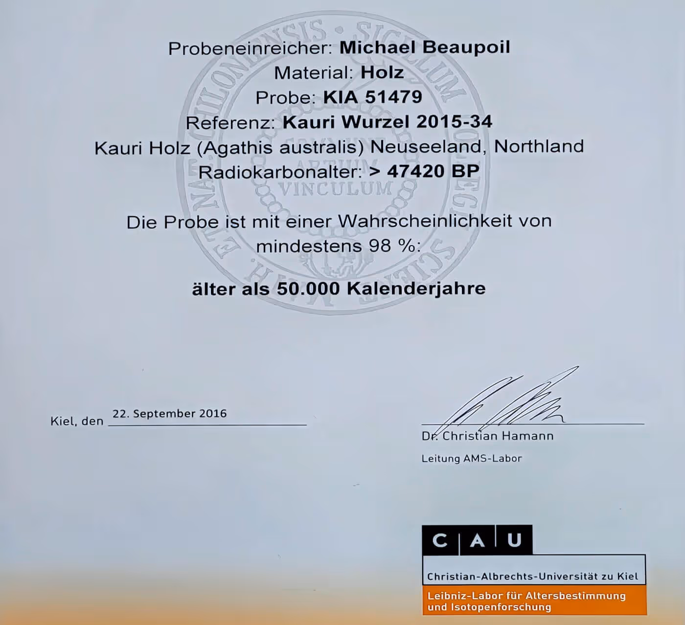 Certificate of age for an exclusive tree-trunk table, a special custom-made piece crafted from kauri wood by a master cabinetmaker