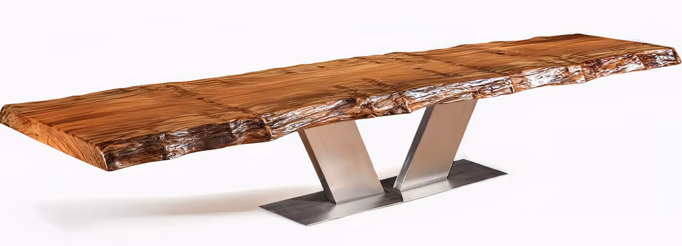 A unique conference table featuring a sleek tabletop with a natural edge, crafted from rare tree trunk wood, designed as an archaic tree trunk table
