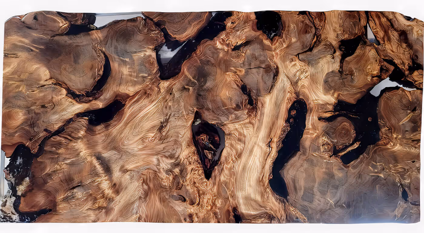 A unique tabletop for an exclusive table, serving as both a high-quality piece of furniture and a work of art crafted from subfossil burl wood