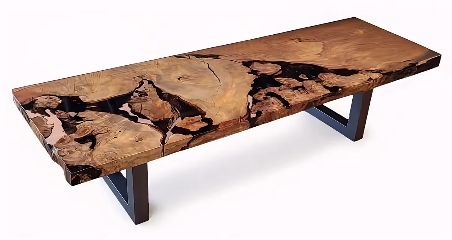 Designer table with a tabletop made of unique solid wood featuring genuine amber—a truly one-of-a-kind piece and an exclusive item for collectors
