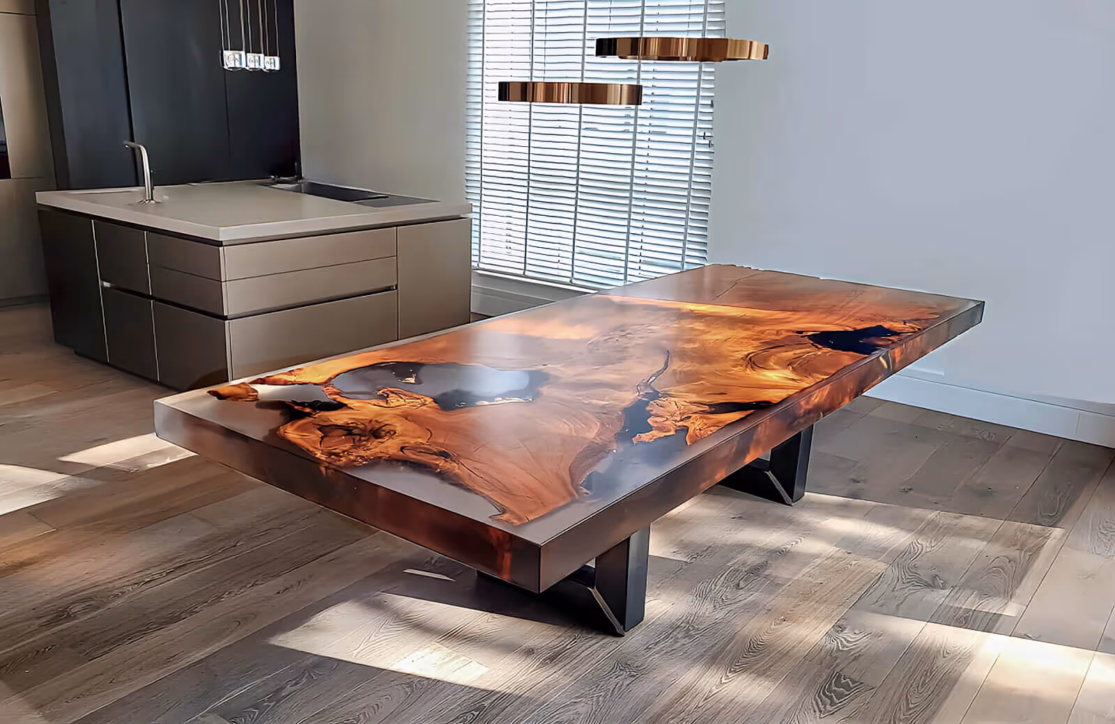 An exclusive dining table custom-made for customers in Switzerland and Luxembourg by a master cabinetmaker, featuring a unique burl wood tabletop, designed as a piece of interior decor