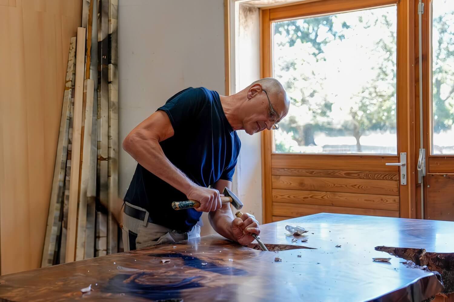 Handcrafted by a master carpenter from a solid tabletop made of subfossil wood, a one-of-a-kind piece of exceptional durability