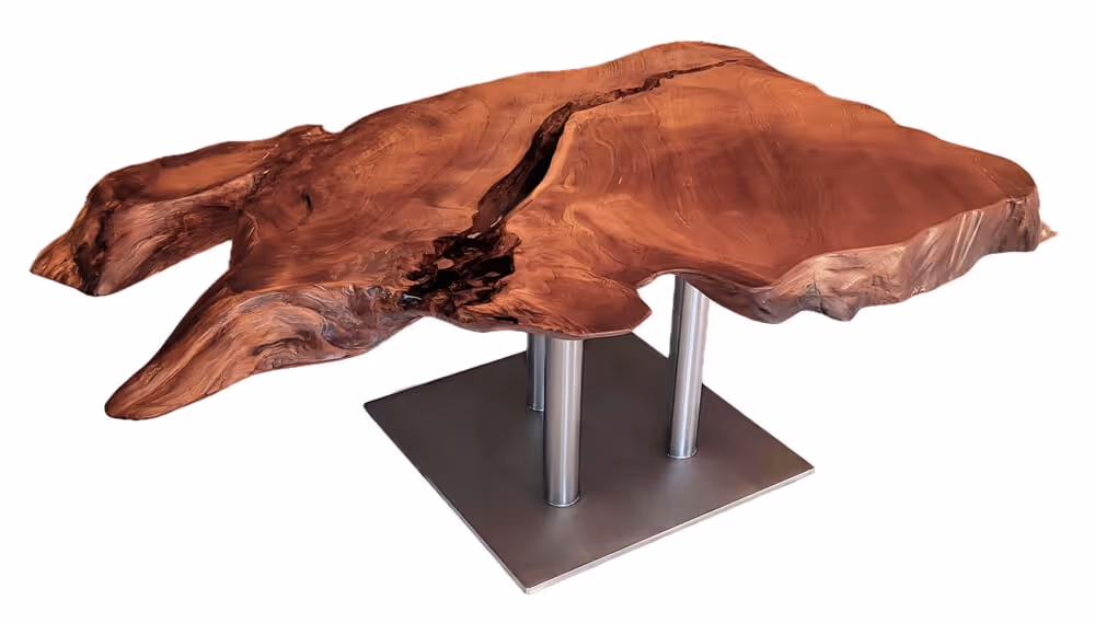 Artistic coffee table made of unique burl wood, featuring a tabletop with natural tree edges as a live-edge table and a unique natural-edge table