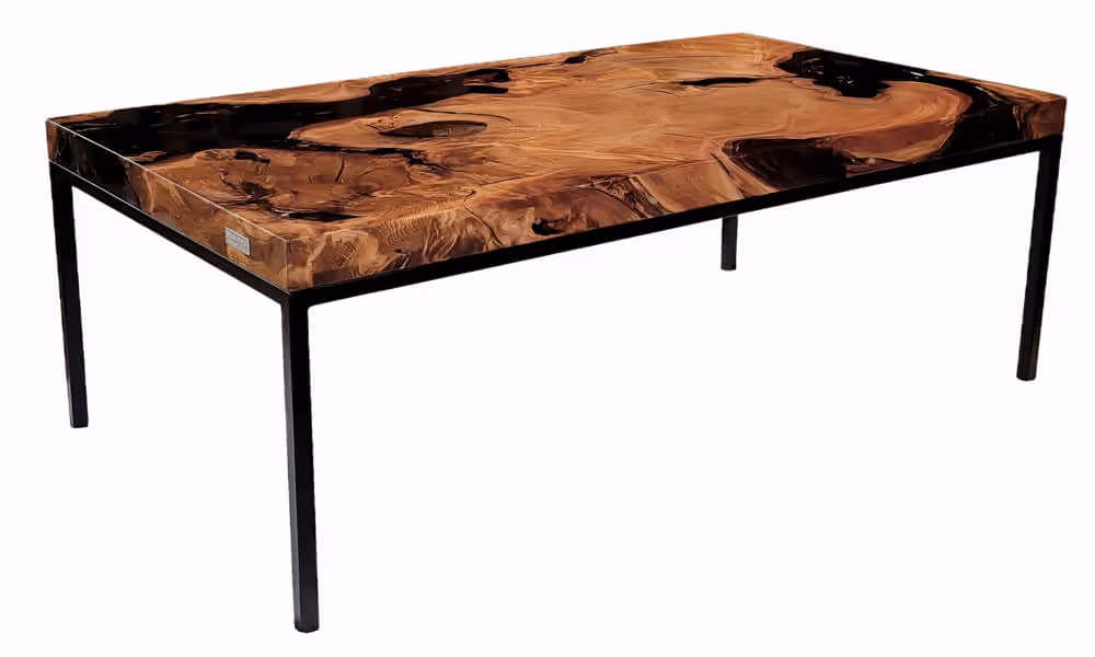 Modern coffee table as a unique designer piece and live-edge furniture for exclusive apartments, penthouses, lounges, and interiors