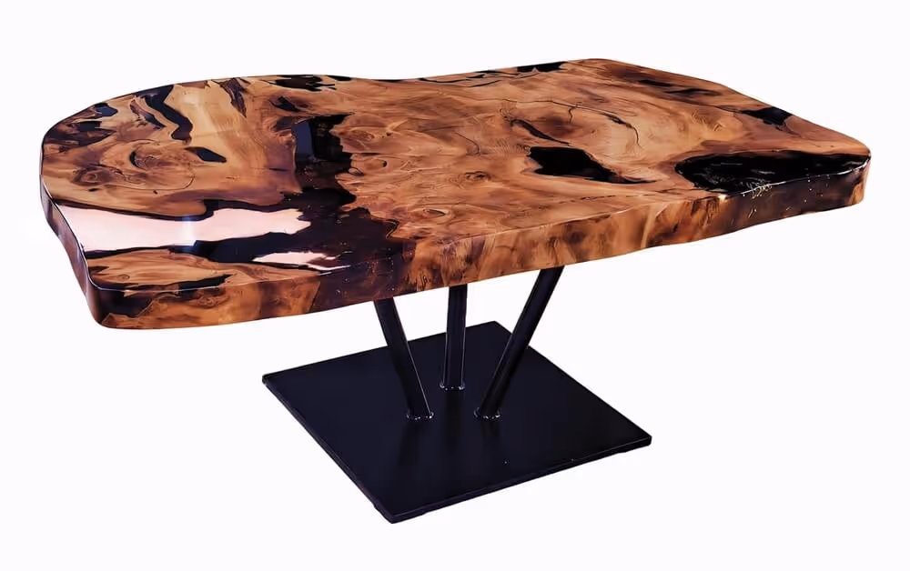 A live-edge table—a work of art that blends the organic beauty of root wood with natural edges, straddling the line between furniture, a unique natural object, and a design sculpture