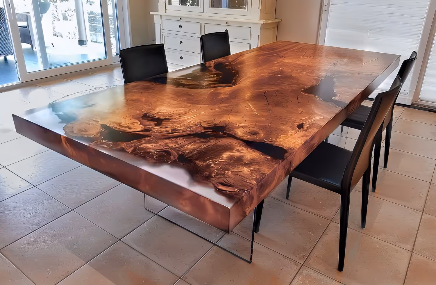 Custom-designed table on display for customers from Luxembourg and Switzerland, serving as an exclusive dining table and piece of furniture