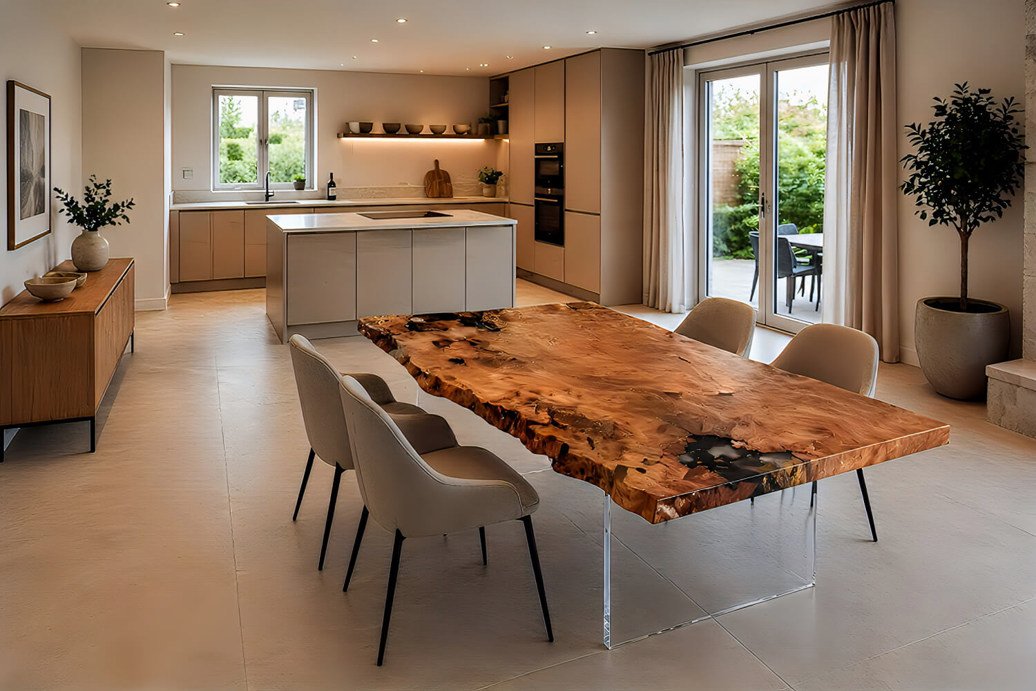 Maßgefertigter Tisch aus Jahrtausende altem Wurzelholz als einzigartiger Esstisch für exklusives Interior Design, Wohn- Essbereich und Innenarchitektur