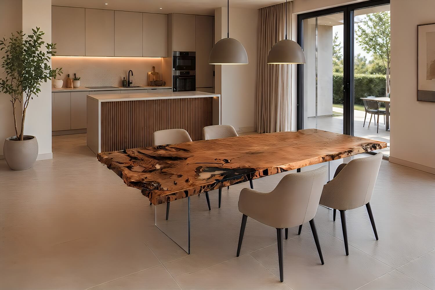 Individuelle Maßanfertigung eines Kauri Unikat Designtisches im Interior Design Projekt für Innenarchtekten und Wohn- und Essbereiche, private Residenzen und exklusive Penthouses