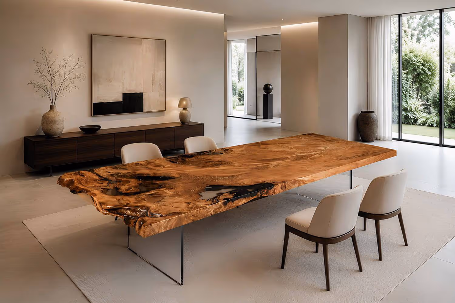 Rare kauri dining table serving as a unique statement piece in an exclusive Swiss-Austrian living space; 2.70 x 1.10 m, crafted from old burl wood
