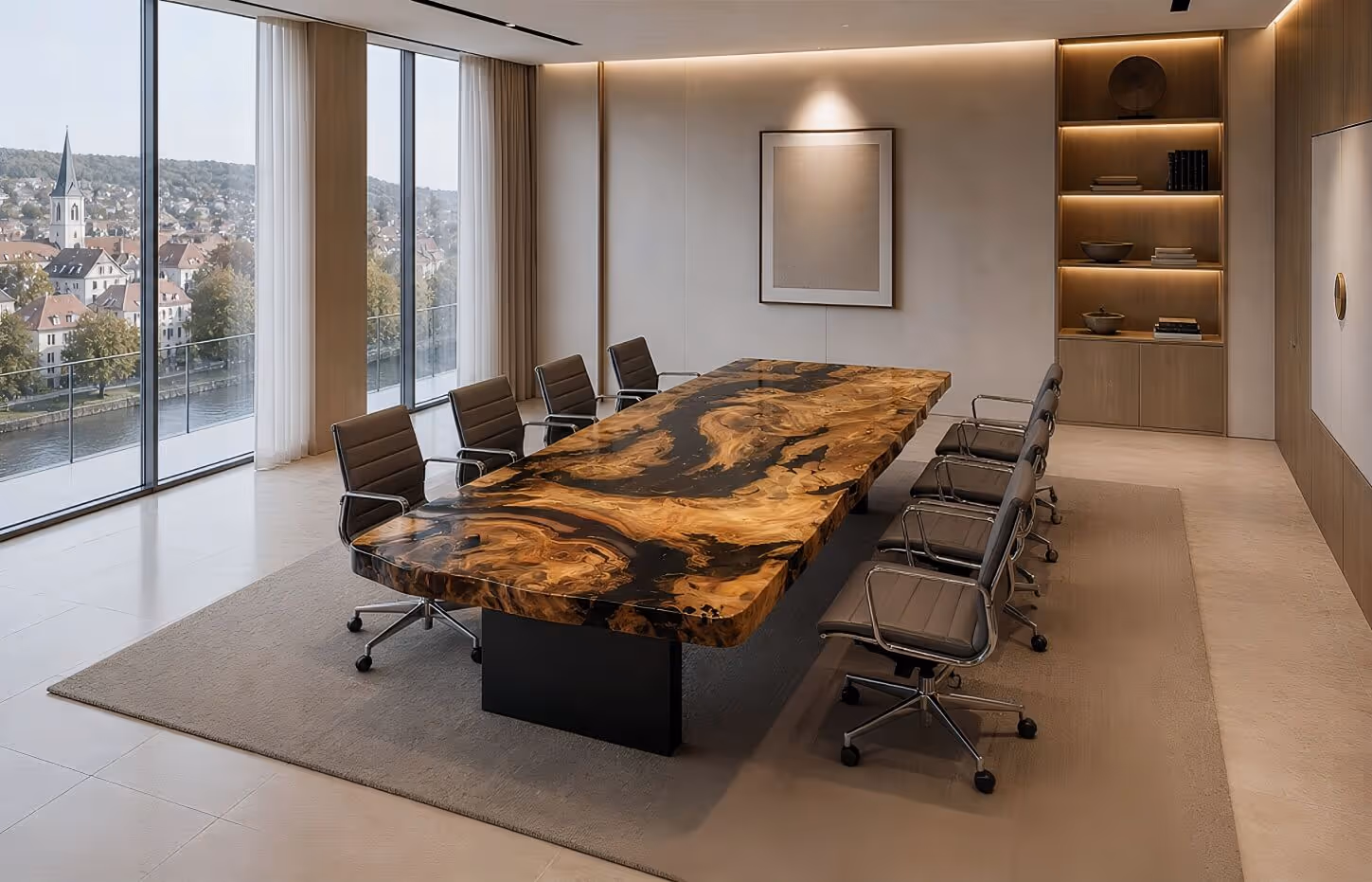 Conference table from Switzerland for prestigious projects and Swiss offices, featuring a unique, one-of-a-kind tabletop crafted from a single piece of solid wood—a work of art and a piece of architectural furniture