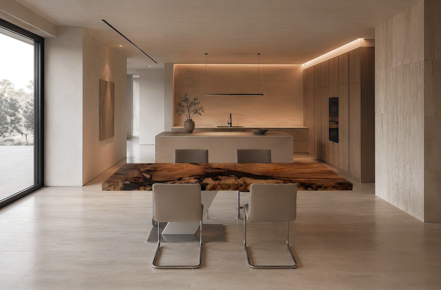 Swiss-designed table as modern architectural furniture, a one-of-a-kind international piece, and contemporary art crafted from kauri wood for alpine chalets in Switzerland