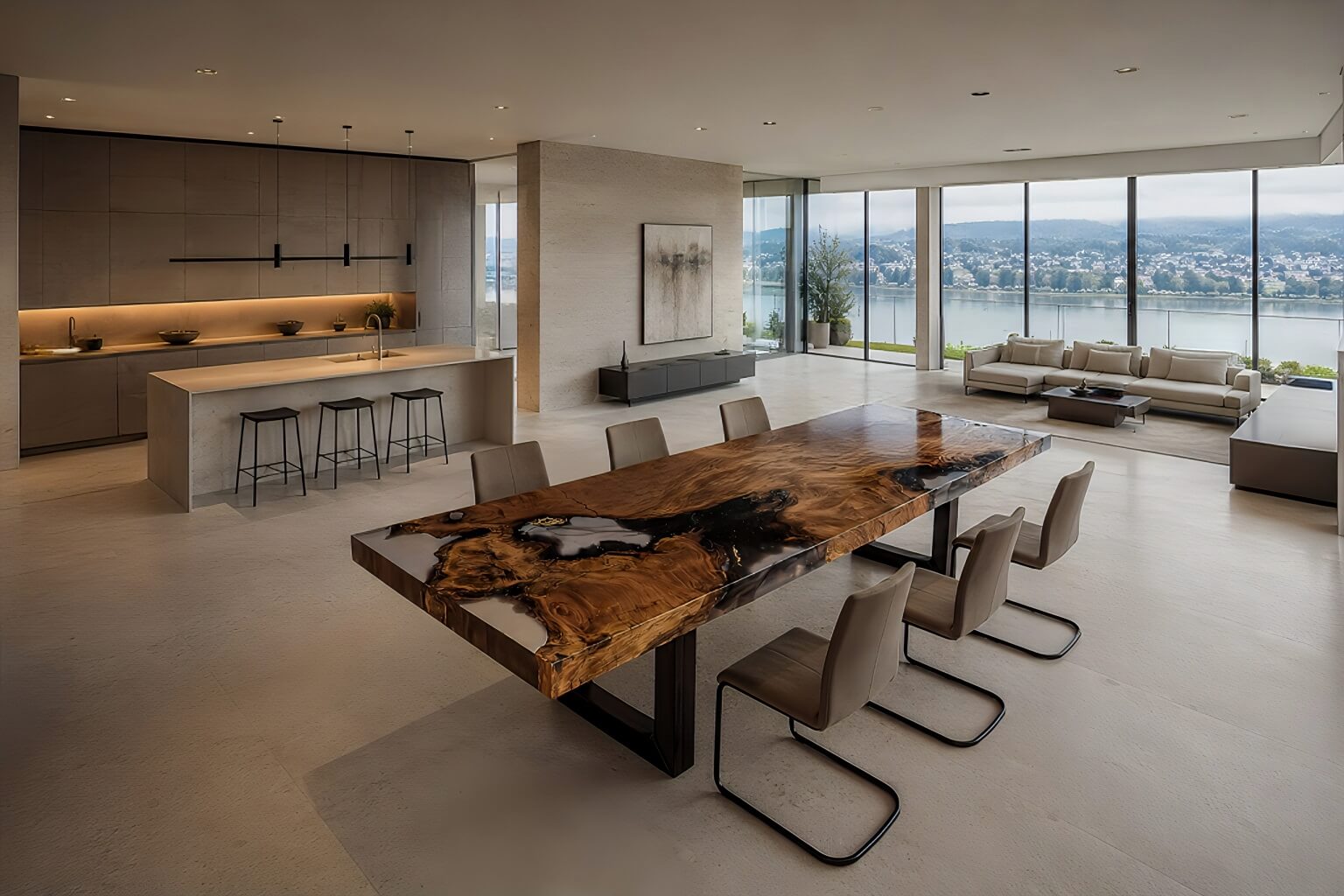 Swiss penthouse featuring a high-quality kauri dining table crafted from old, solid burl wood—a sculptural, one-of-a-kind piece that serves as both an eye-catcher and a modern work of art