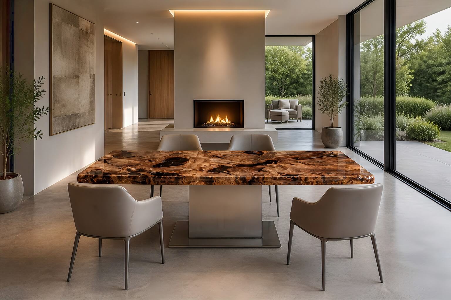 Extraordinary table with a burl wood top in a modern Swiss architect-designed villa—a sculptural, one-of-a-kind piece that is at once a piece of furniture, an art object, a natural painting, and a dining table