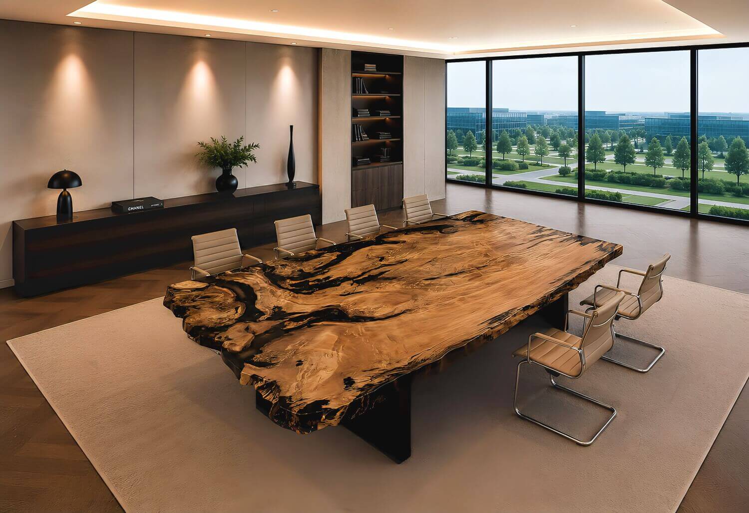 A custom conference table in Switzerland: a rare work of art, a functional piece of furniture, and a sculptural collectible table for a prestigious conference room