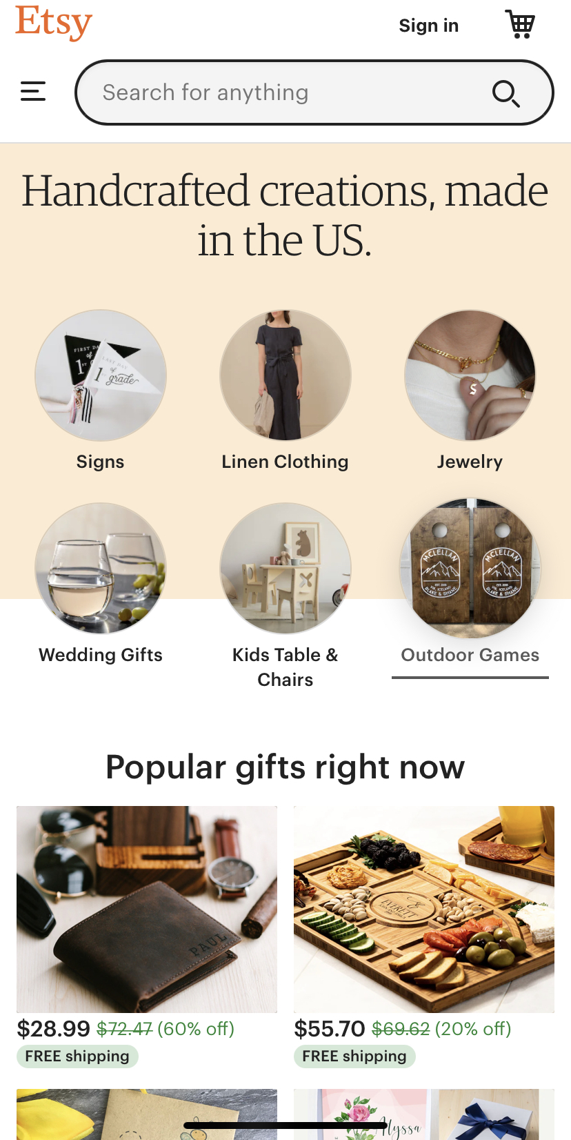 Etsy mobile site screenshot
