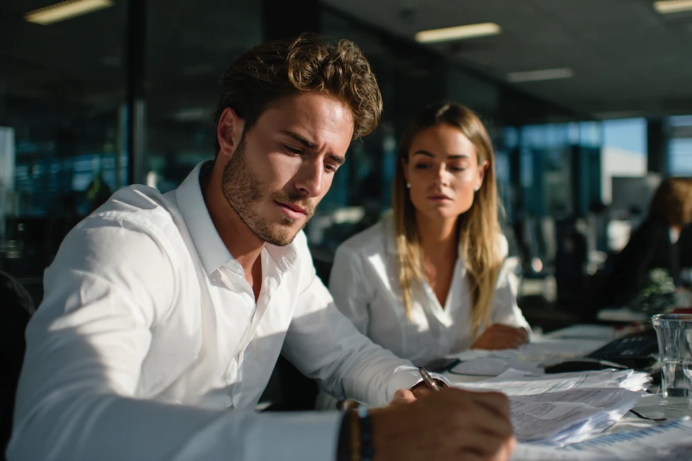 Two accountants working together to reconcile accounting records, reviewing financial statements and documentation in a bright modern office.