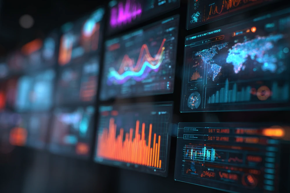 Digital dashboard displaying financial analytics, performance metrics, and global economic data, representing the capabilities of an advanced financial management system for real-time decision-making.