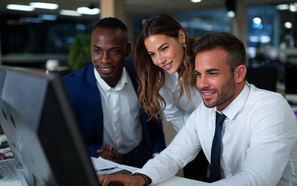 Finance professionals collaborating on SOX testing procedures in a corporate office environment, reviewing internal controls and compliance documentation on a computer screen.