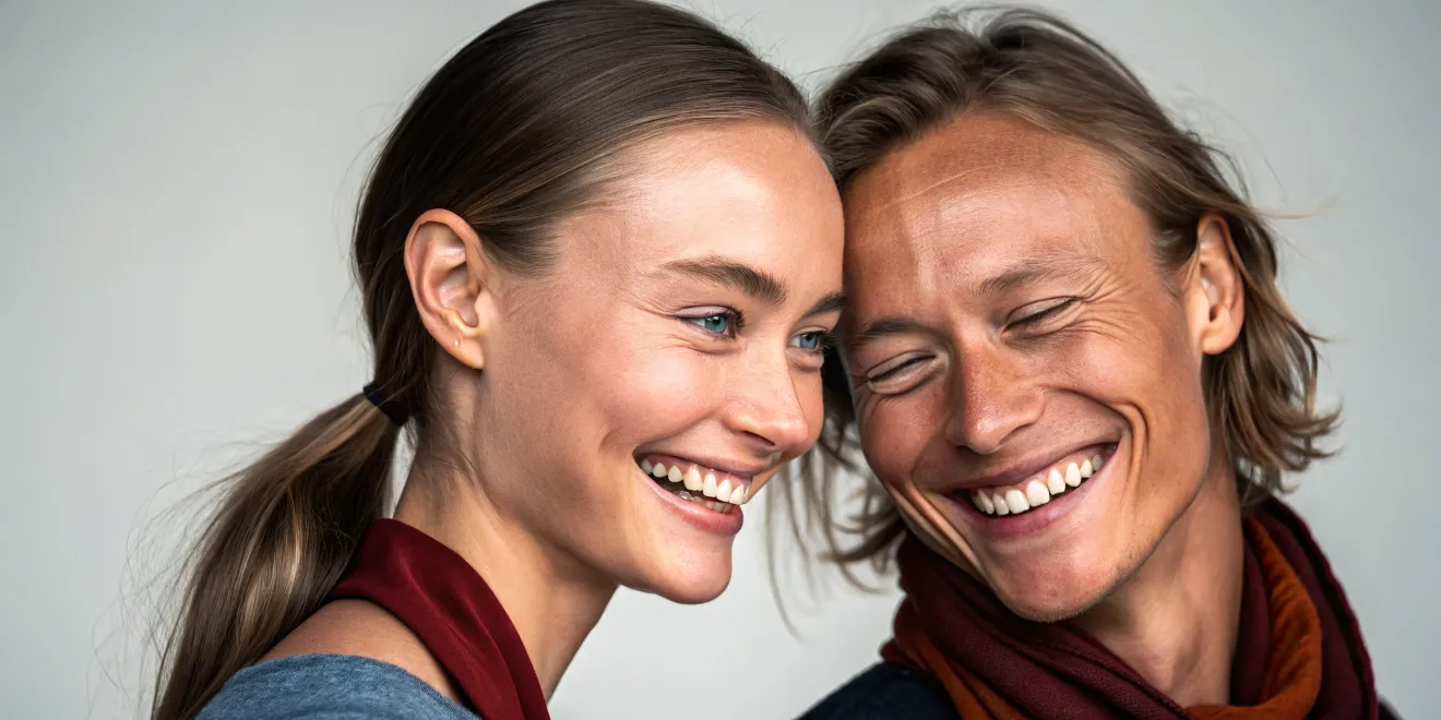 Two smiling people leaning their heads together