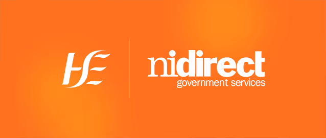 White HSE and nidirect government services logos on an orange background.