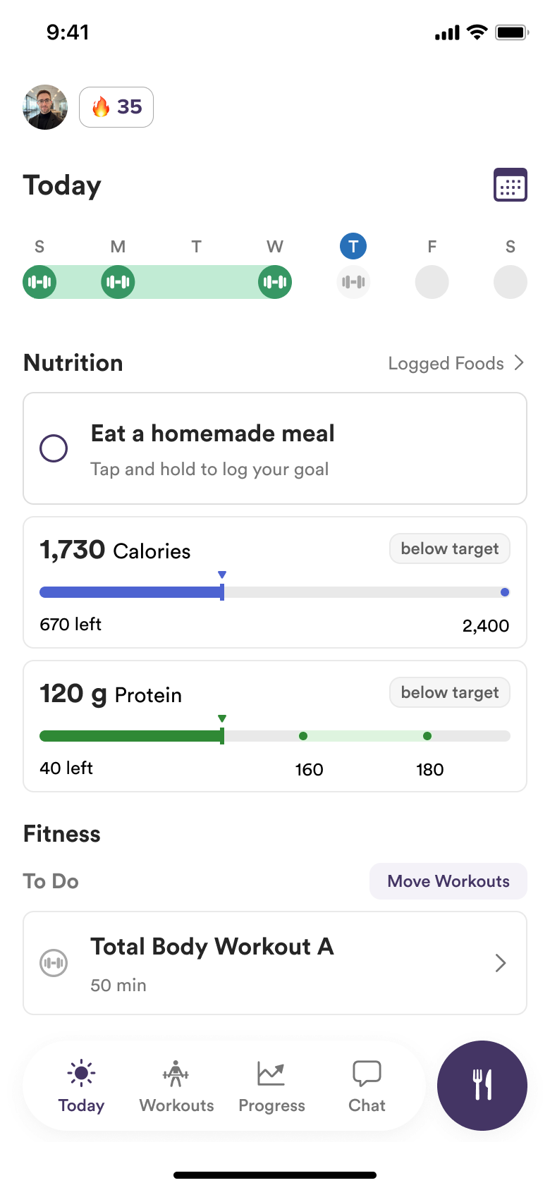 trainwell app Today tab showing daily calorie and macro targets with progress bars and a homemade-meal habit card