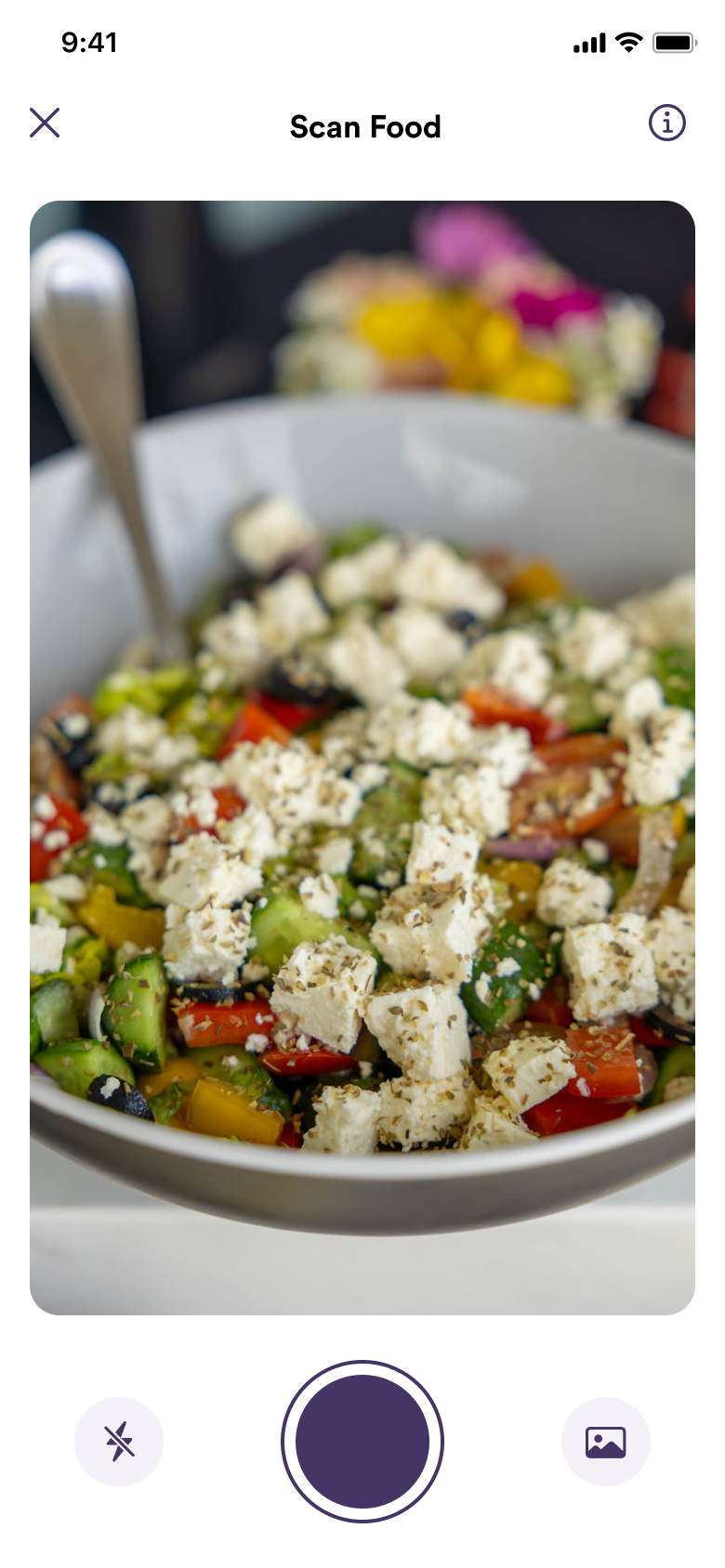 trainwell app camera pointed at a bowl of Greek salad to log a meal with a photo