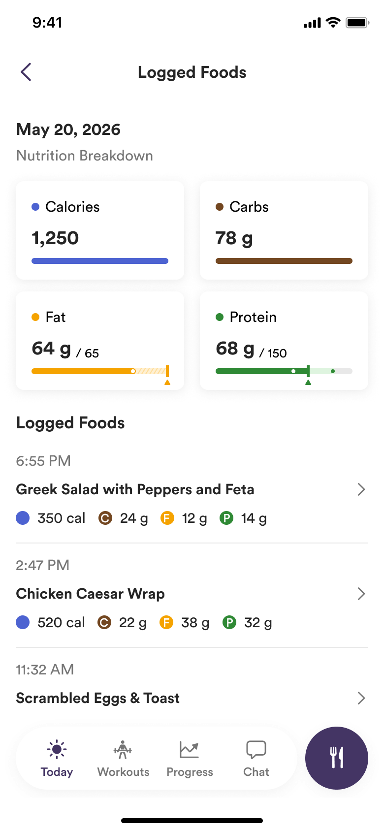 trainwell app Logged Foods screen with a day's calorie, carb, fat, and protein breakdown against targets