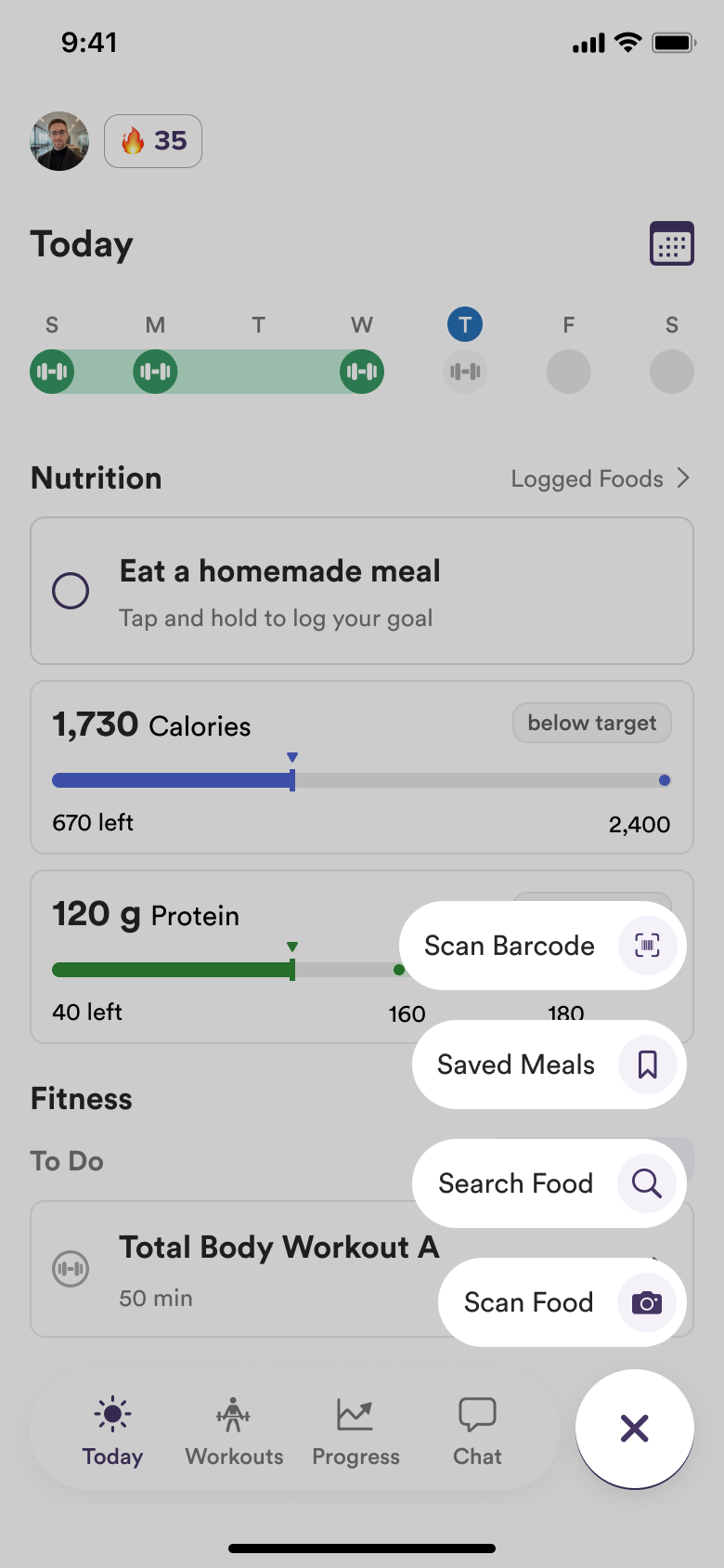 trainwell app quick-log menu with Scan Barcode, Saved Meals, Search Food, and Scan Food options