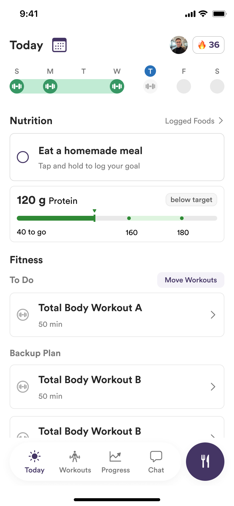 trainwell app Today tab showing the day's protein target, a homemade-meal habit, and the workouts scheduled by the client's trainer