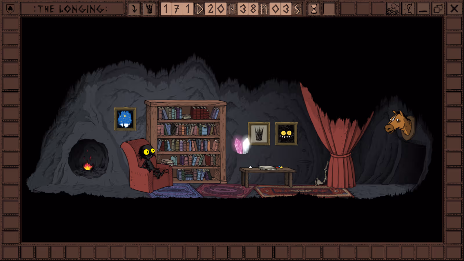 the lonely Shade from The Longing game lounging in his cozy subterranean room